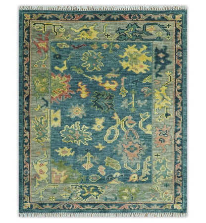 Antique look Teal and Olive Hand Knotted Traditional Oushak Custom Made wool rug.