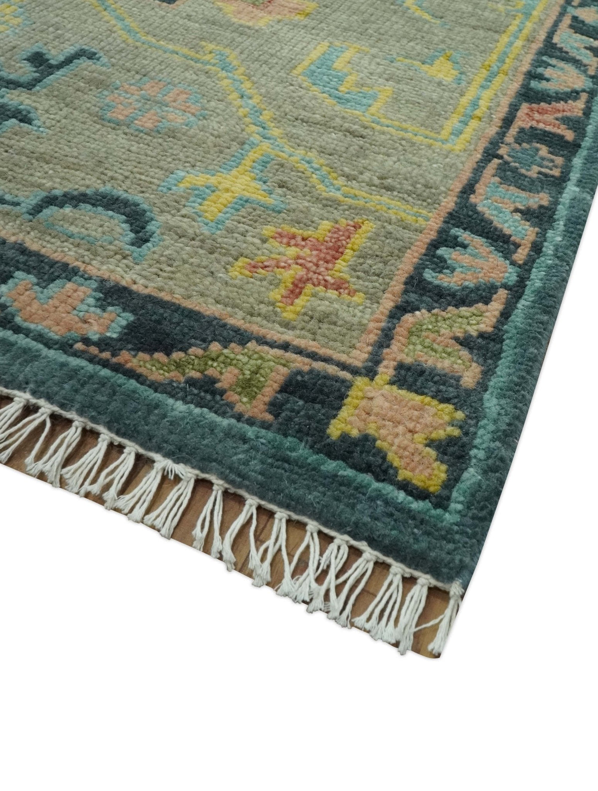 Antique look Teal and Olive Hand Knotted Traditional Oushak Custom Made wool rug.
