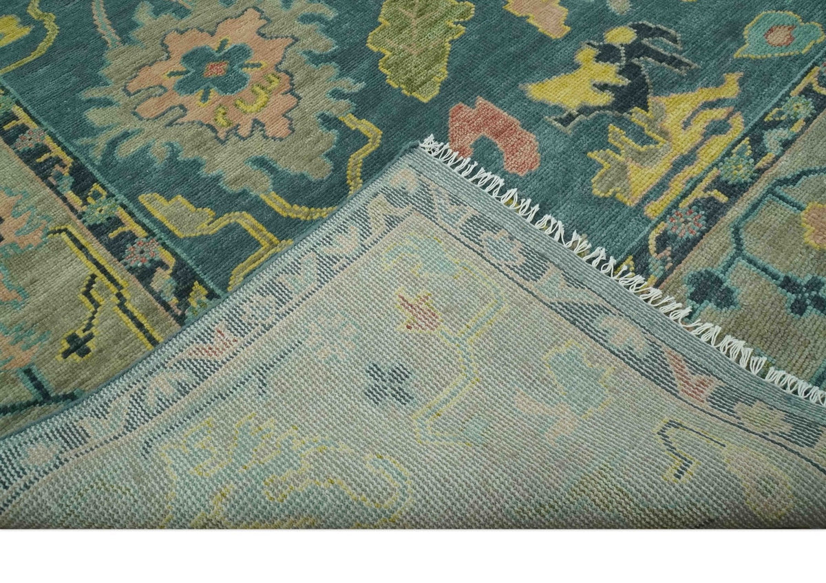 Antique look Teal and Olive Hand Knotted Traditional Oushak Custom Made wool rug.