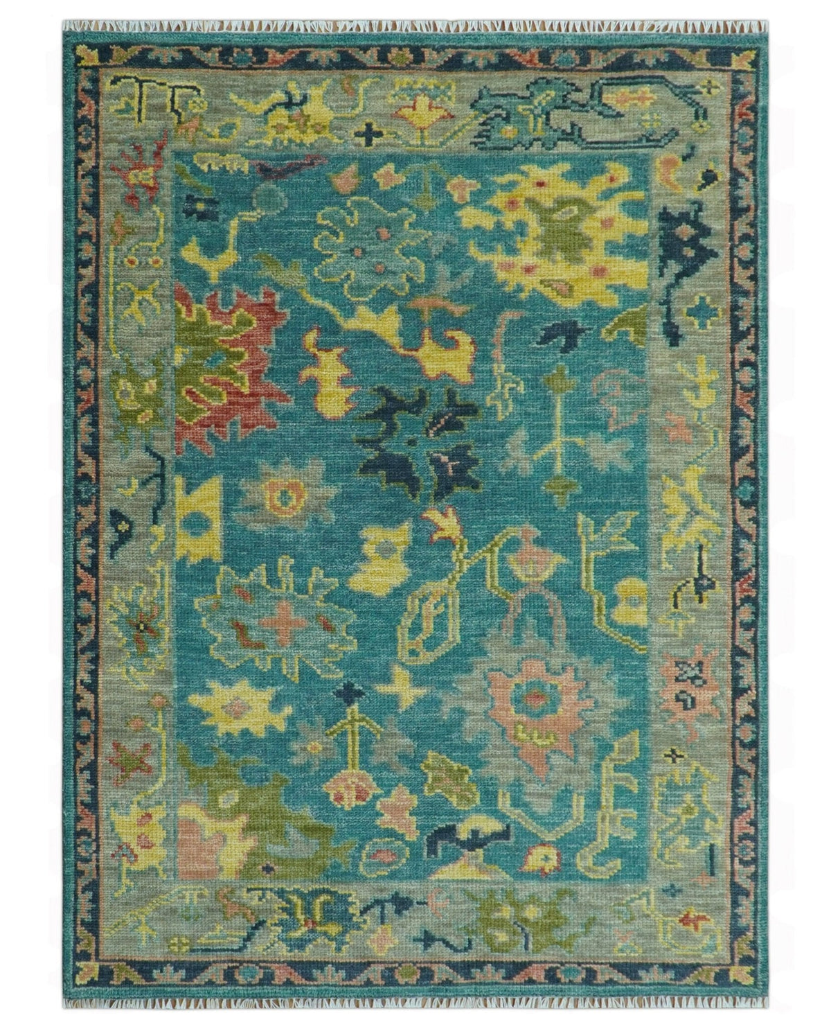 Antique look Teal and Olive Hand Knotted Traditional Oushak Custom Made wool rug.