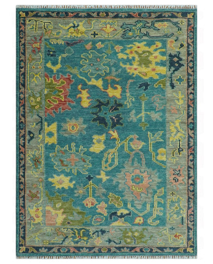 Antique look Teal and Olive Hand Knotted Traditional Oushak Custom Made wool rug.