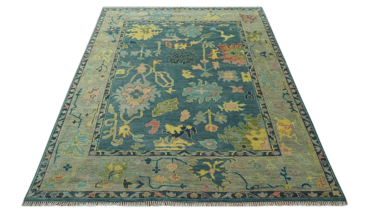 Antique look Teal and Olive Hand Knotted Traditional Oushak Custom Made wool rug.
