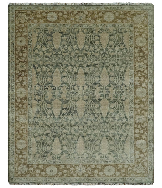Antique look vintage style Green, Beige and Brown traditional Hand Knotted Multi Size wool rug.