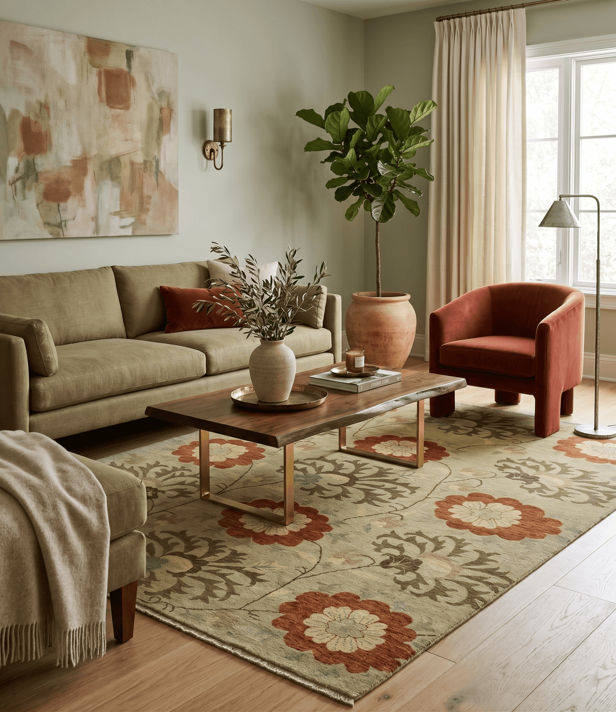 Antique Modern Floral Olive and Rust Hand Knotted Wool Rug.