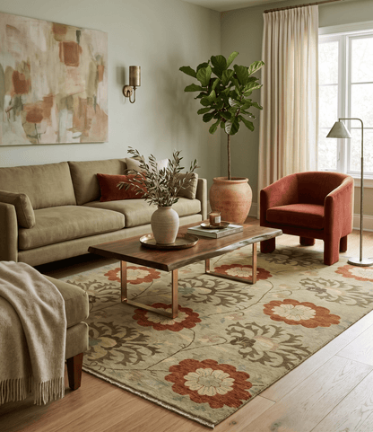 Antique Modern Floral Olive and Rust Hand Knotted Wool Rug.