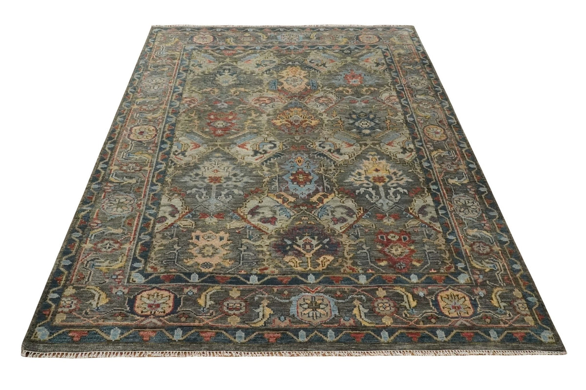 Antique Moss Traditional Oushak Charcoal, Brown and Blue Hand knotted Custom Made Rug.