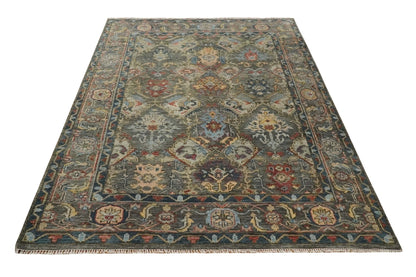 Antique Moss Traditional Oushak Charcoal, Brown and Blue Hand knotted Custom Made Rug.
