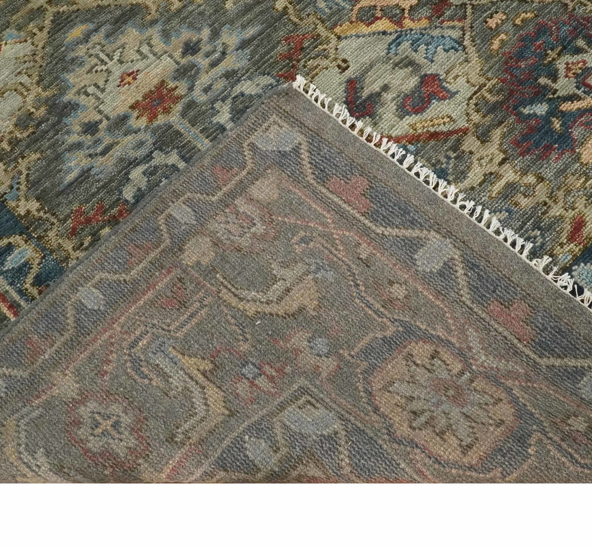 Antique Moss Traditional Oushak Charcoal, Brown and Blue Hand knotted Custom Made Rug.