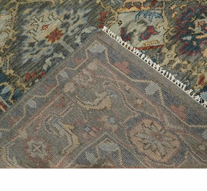 Antique Moss Traditional Oushak Charcoal, Brown and Blue Hand knotted Custom Made Rug.
