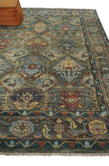 Antique Moss Traditional Oushak Charcoal, Brown and Blue Hand knotted Custom Made Rug.