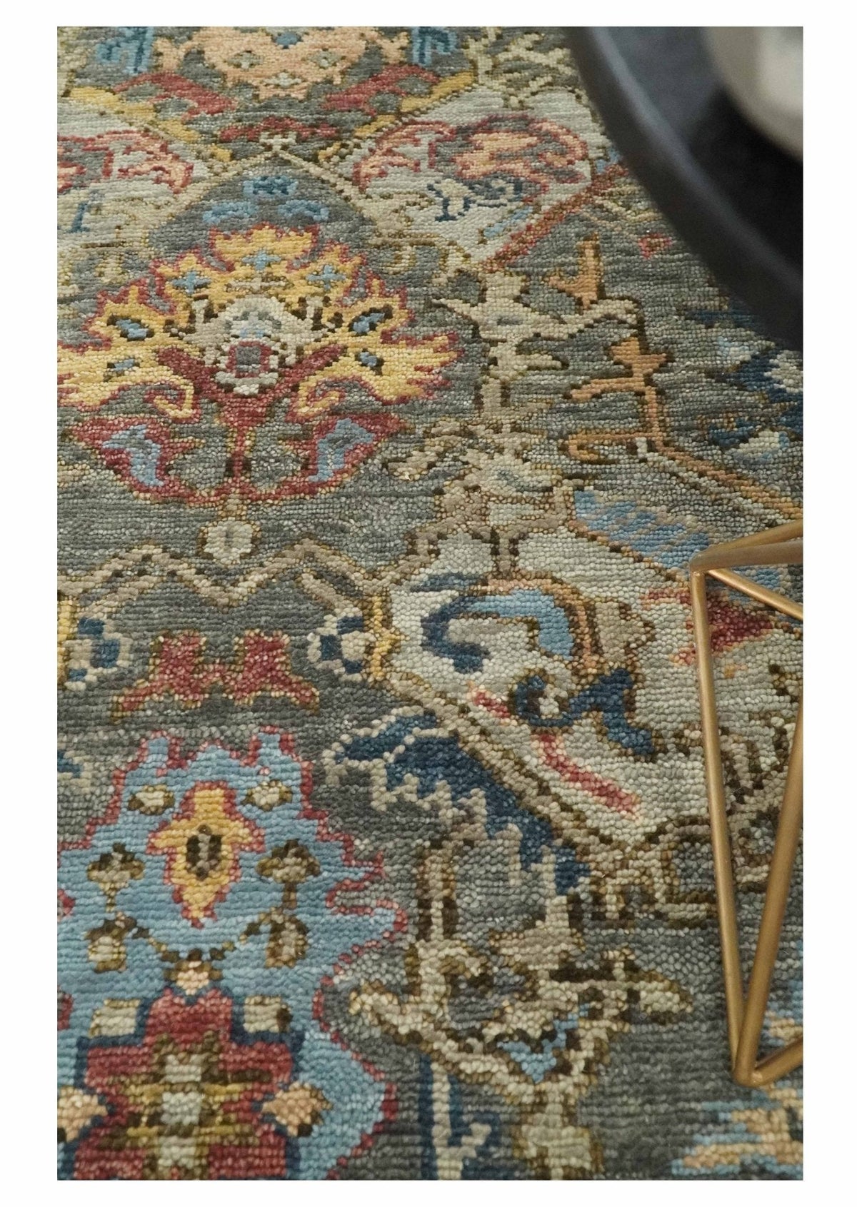 Antique Moss Traditional Oushak Charcoal, Brown and Blue Hand knotted Custom Made Rug.