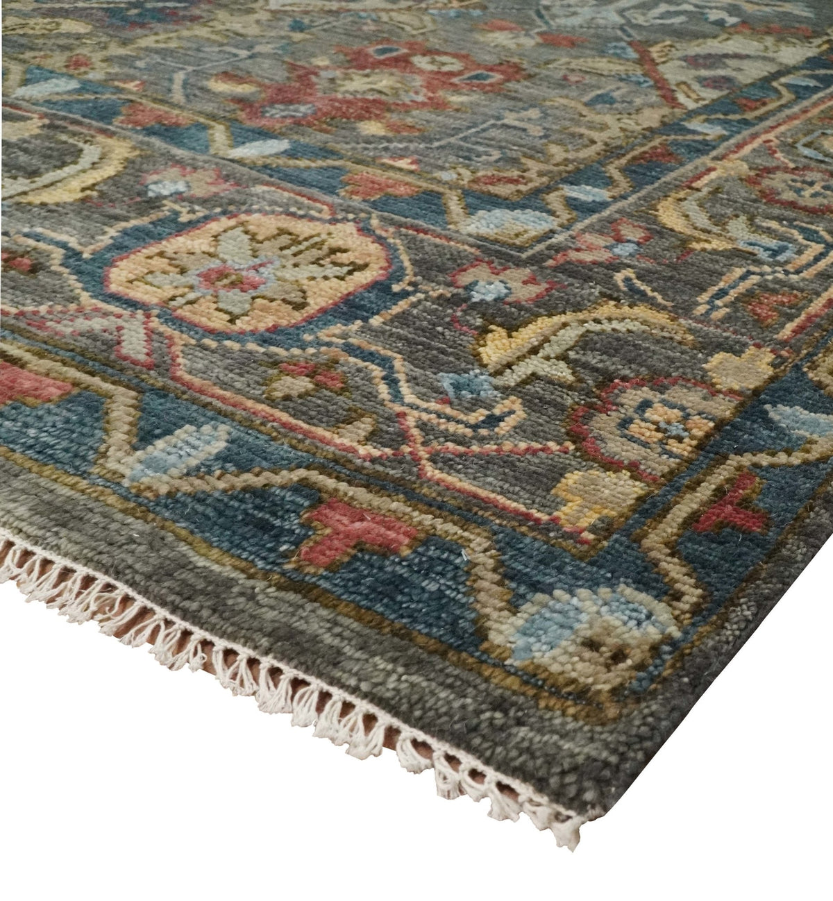 Antique Moss Traditional Oushak Charcoal, Brown and Blue Hand knotted Custom Made Rug.