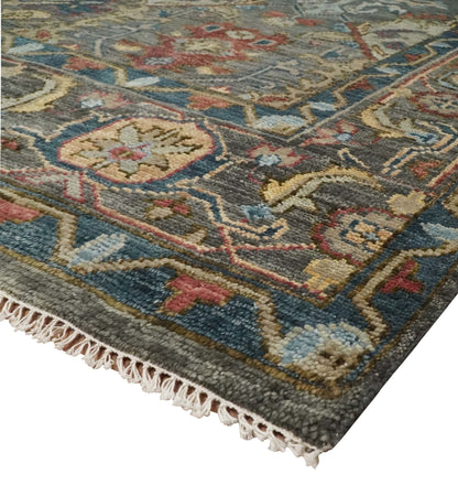 Antique Moss Traditional Oushak Charcoal, Brown and Blue Hand knotted Custom Made Rug.