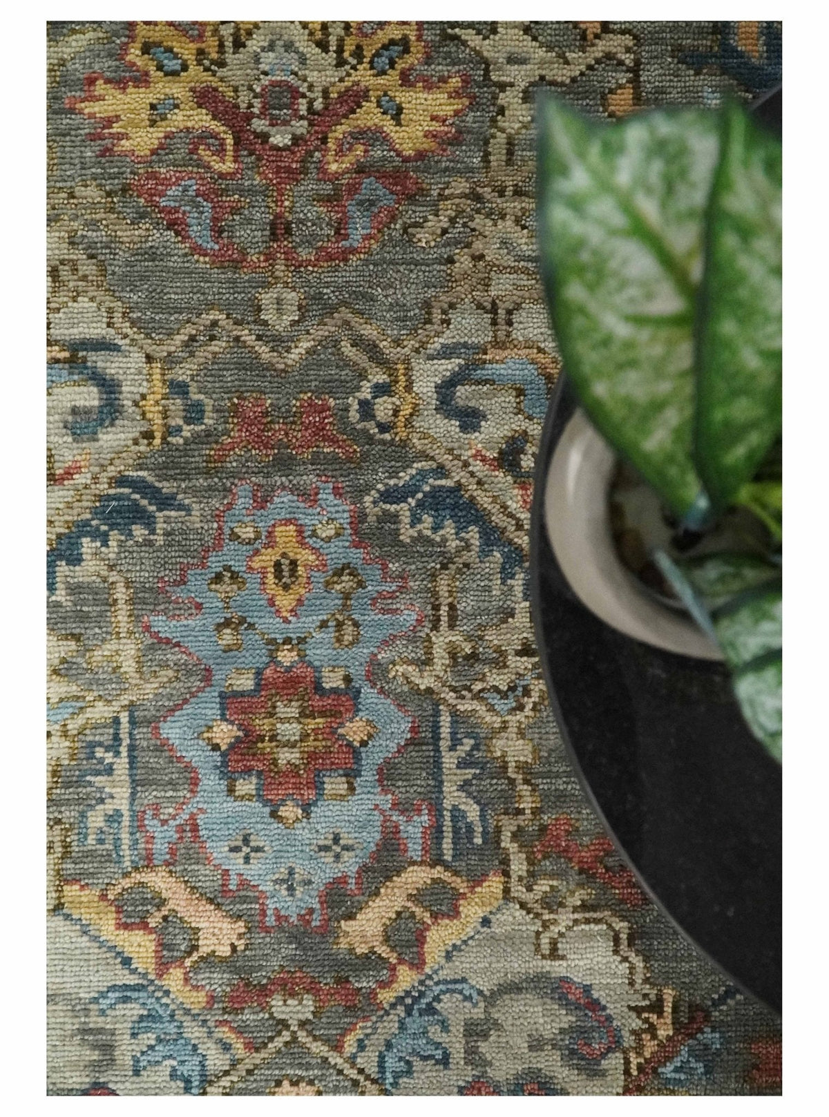Antique Moss Traditional Oushak Charcoal, Brown and Blue Hand knotted Custom Made Rug.
