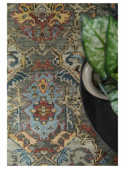 Antique Moss Traditional Oushak Charcoal, Brown and Blue Hand knotted Custom Made Rug.