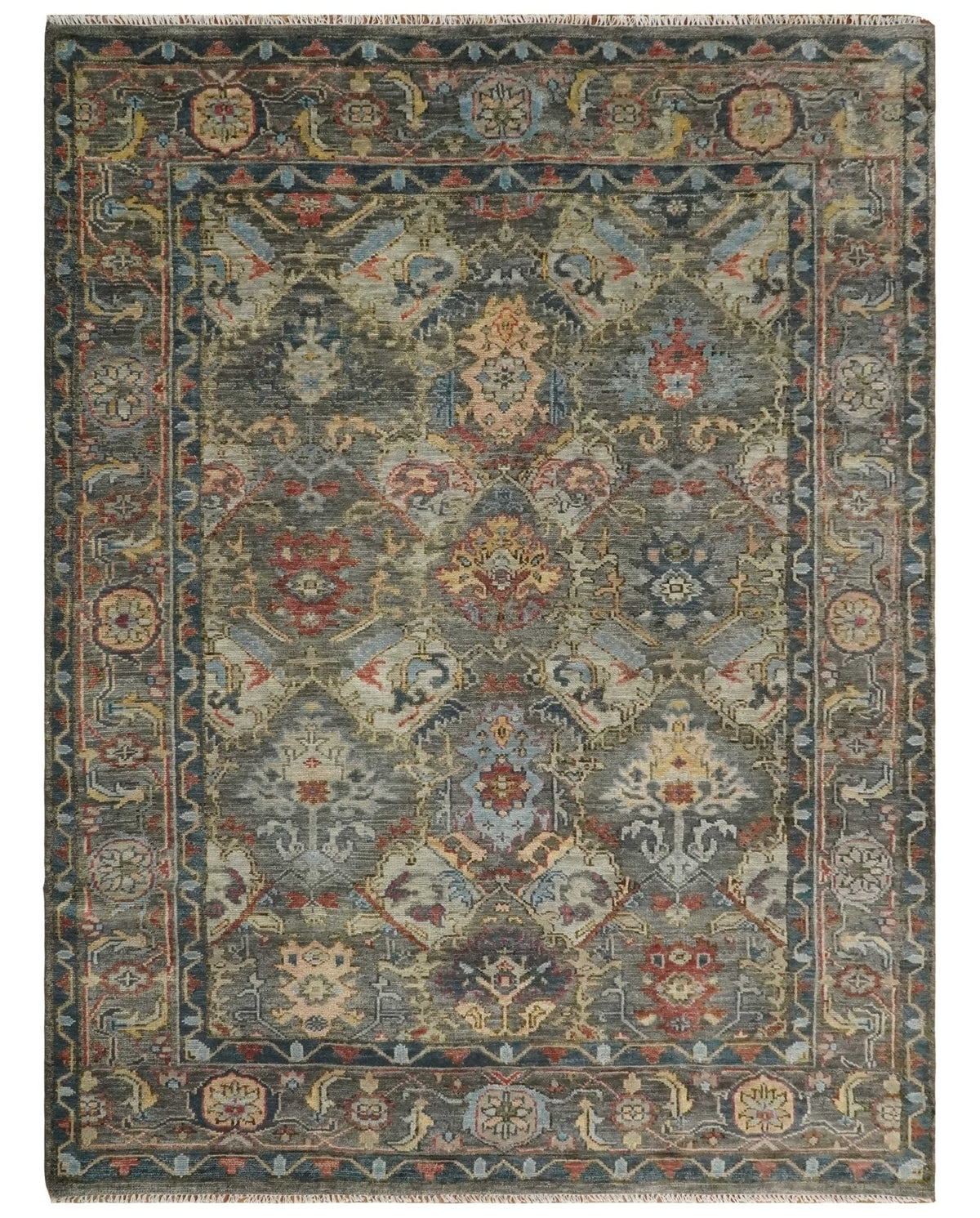 Antique Moss Traditional Oushak Charcoal, Brown and Blue Hand knotted Custom Made Rug.