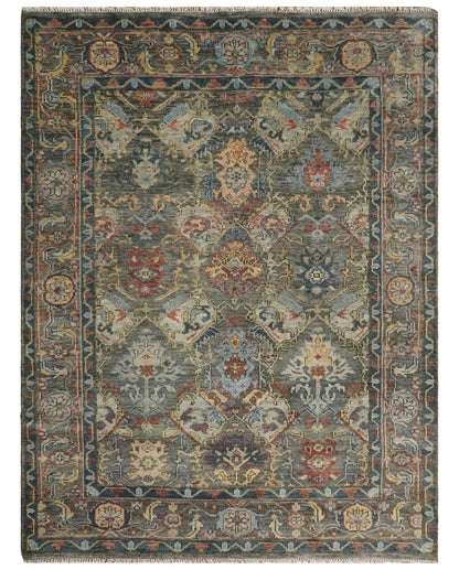 Antique Moss Traditional Oushak Charcoal, Brown and Blue Hand knotted Custom Made Rug.