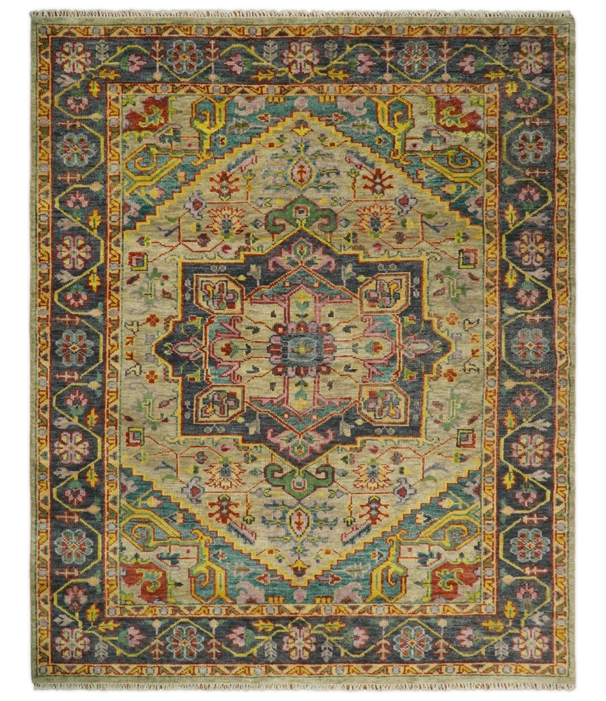Antique Moss Green and Pink Traditional Multi Size Wool Area Rug.