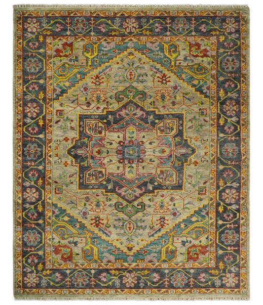 Antique Moss Green and Pink Traditional Multi Size Wool Area Rug.