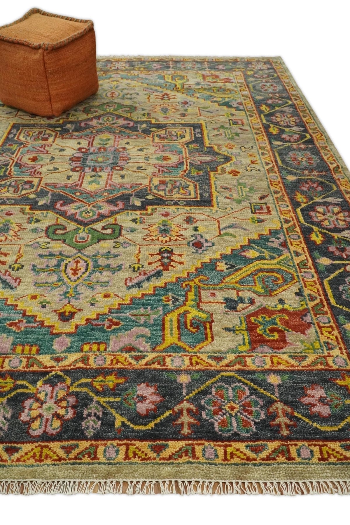 Antique Moss Green and Pink Traditional Multi Size Wool Area Rug.