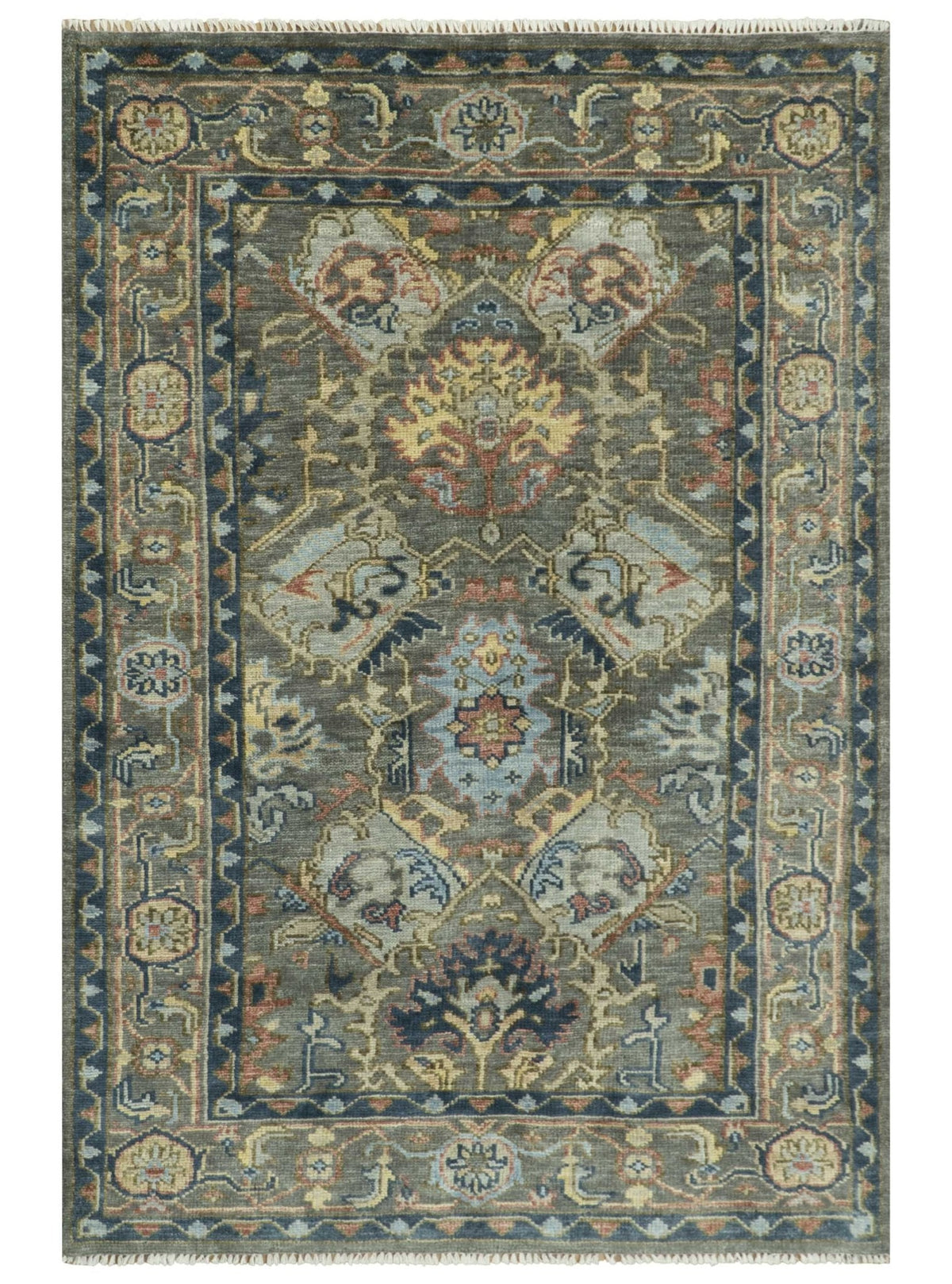 Antique Moss Traditional Oushak Charcoal, Brown and Blue Hand knotted Custom Made Rug.