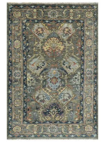 Antique Moss Traditional Oushak Charcoal, Brown and Blue Hand knotted Custom Made Rug.
