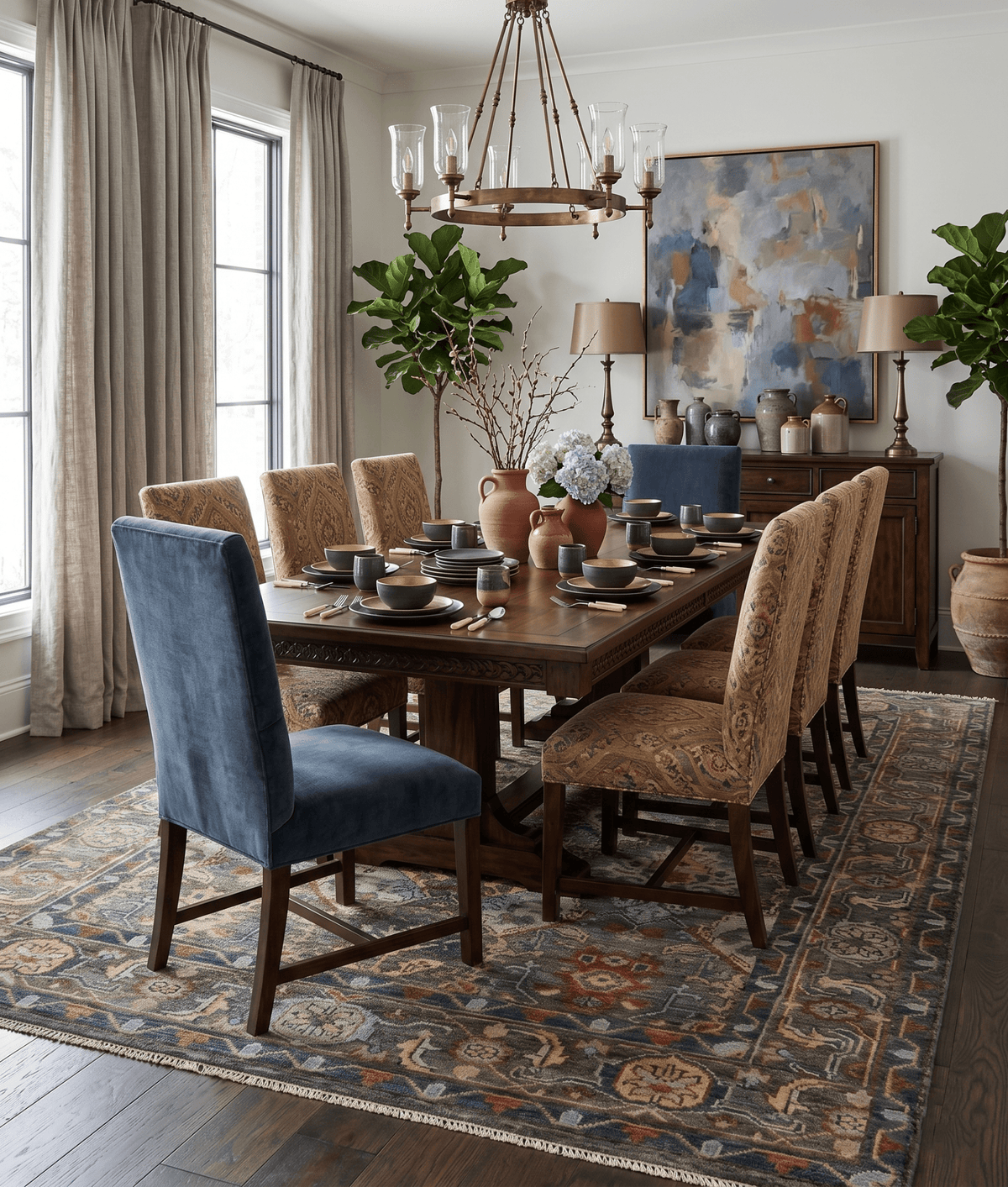 Antique Moss Traditional Oushak Charcoal, Brown and Blue Hand knotted Custom Made Rug.