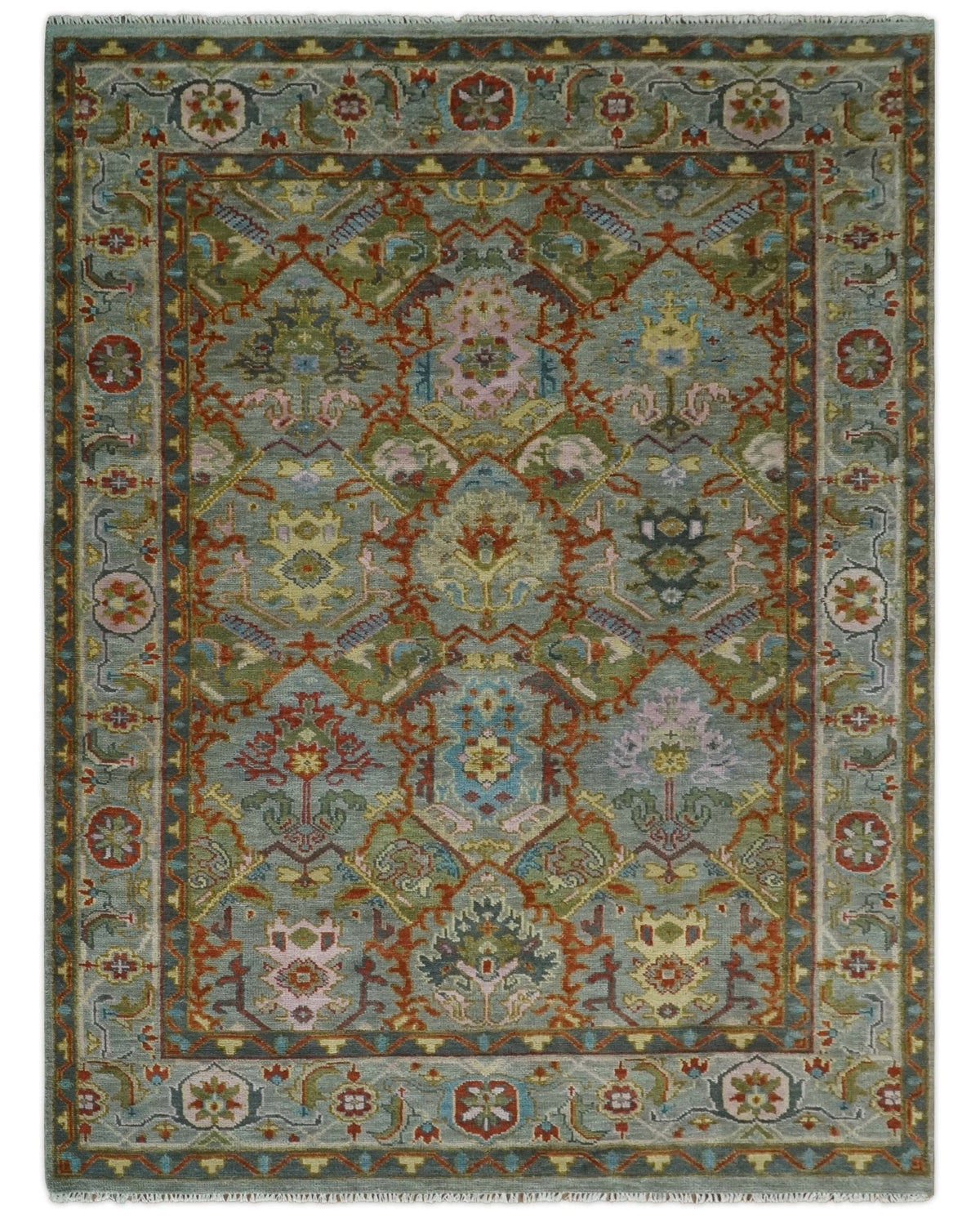 Antique Moss All Wool Traditional Persian Silver, Rust and Green Hand knotted Oushak Area Rug.