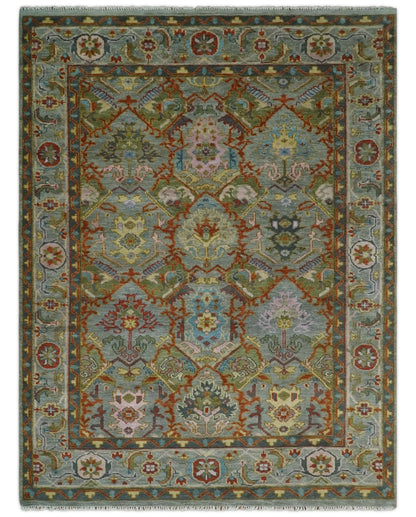 Antique Moss All Wool Traditional Persian Silver, Rust and Green Hand knotted Oushak Area Rug.