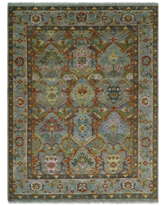 Antique Moss All Wool Traditional Persian Silver, Rust and Green Hand knotted Oushak Area Rug.