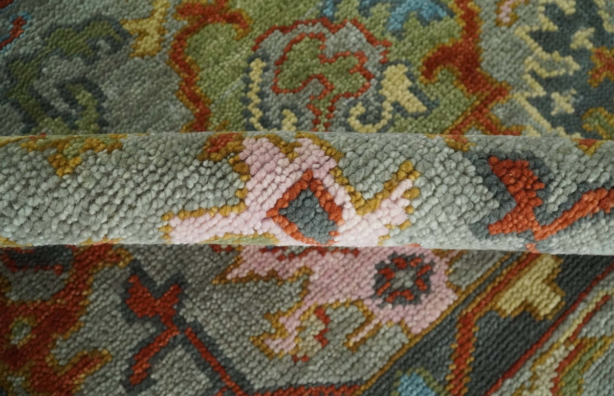 Antique Moss All Wool Traditional Persian Silver, Rust and Green Hand knotted Oushak Area Rug.