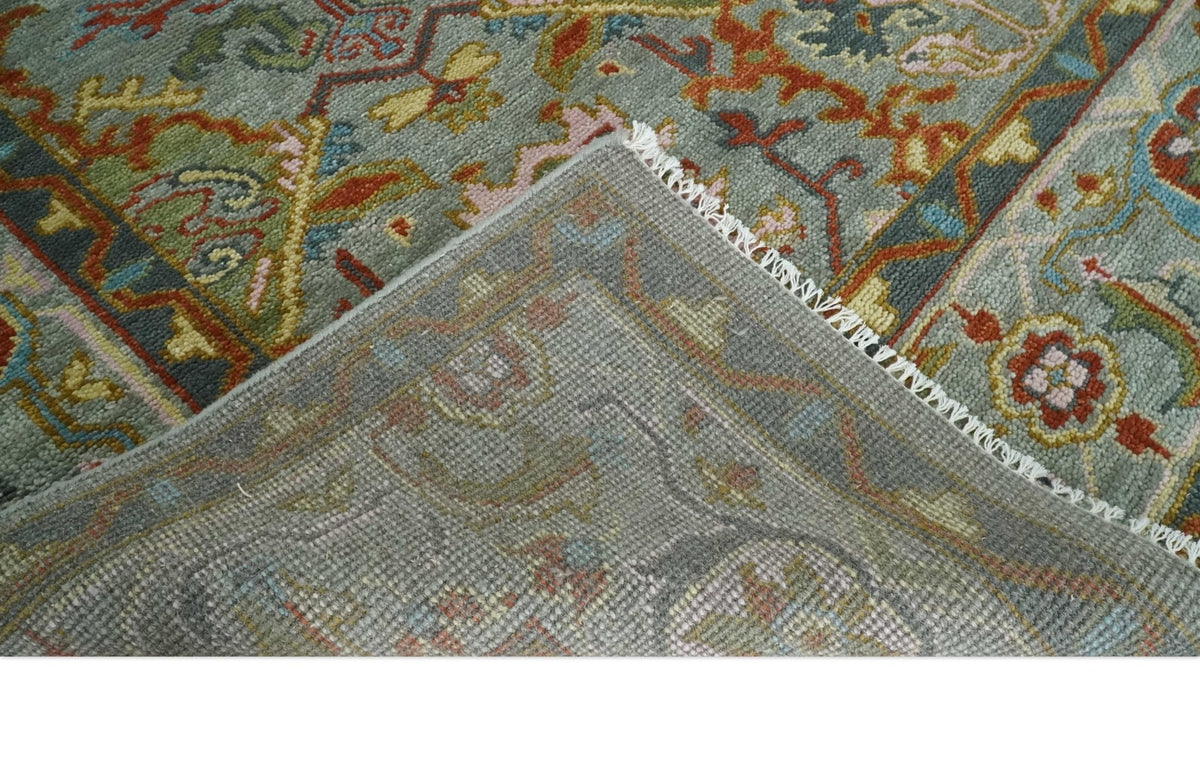 Antique Moss All Wool Traditional Persian Silver, Rust and Green Hand knotted Oushak Area Rug.