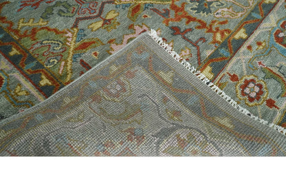 Antique Moss All Wool Traditional Persian Silver, Rust and Green Hand knotted Oushak Area Rug.