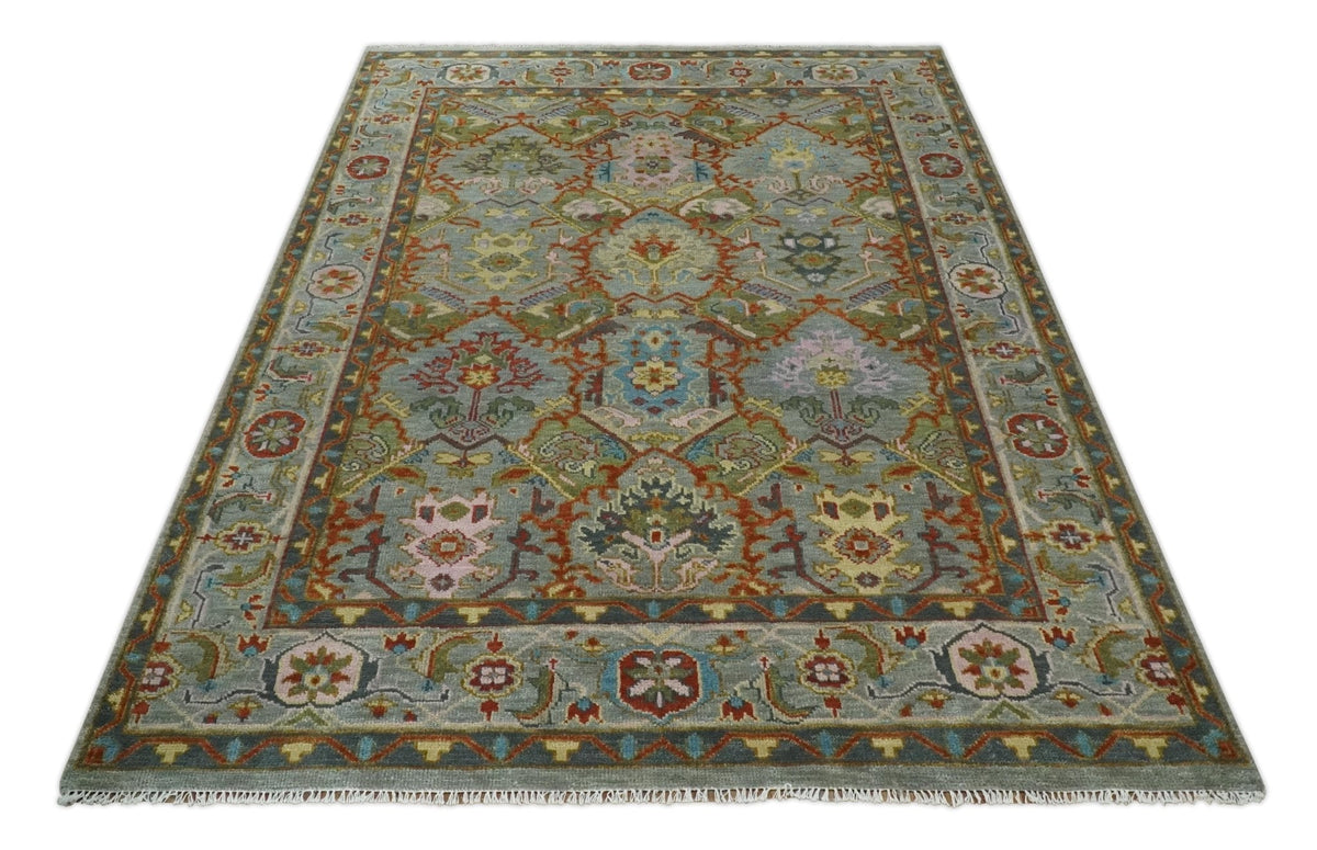 Antique Moss All Wool Traditional Persian Silver, Rust and Green Hand knotted Oushak Area Rug.