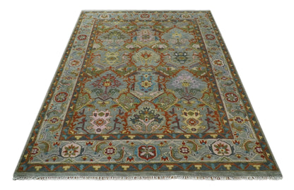Antique Moss All Wool Traditional Persian Silver, Rust and Green Hand knotted Oushak Area Rug.