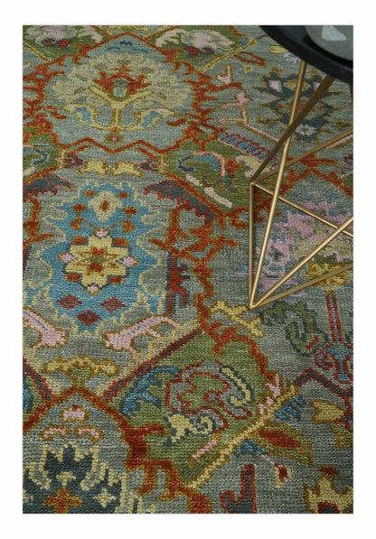 Antique Moss All Wool Traditional Persian Silver, Rust and Green Hand knotted Oushak Area Rug.