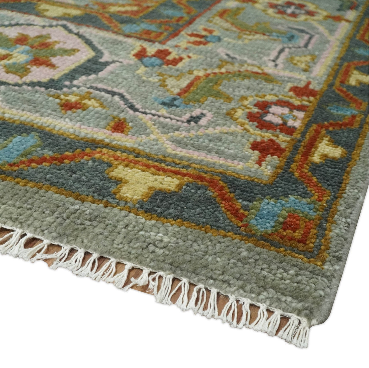 Antique Moss All Wool Traditional Persian Silver, Rust and Green Hand knotted Oushak Area Rug.