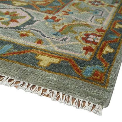 Antique Moss All Wool Traditional Persian Silver, Rust and Green Hand knotted Oushak Area Rug.