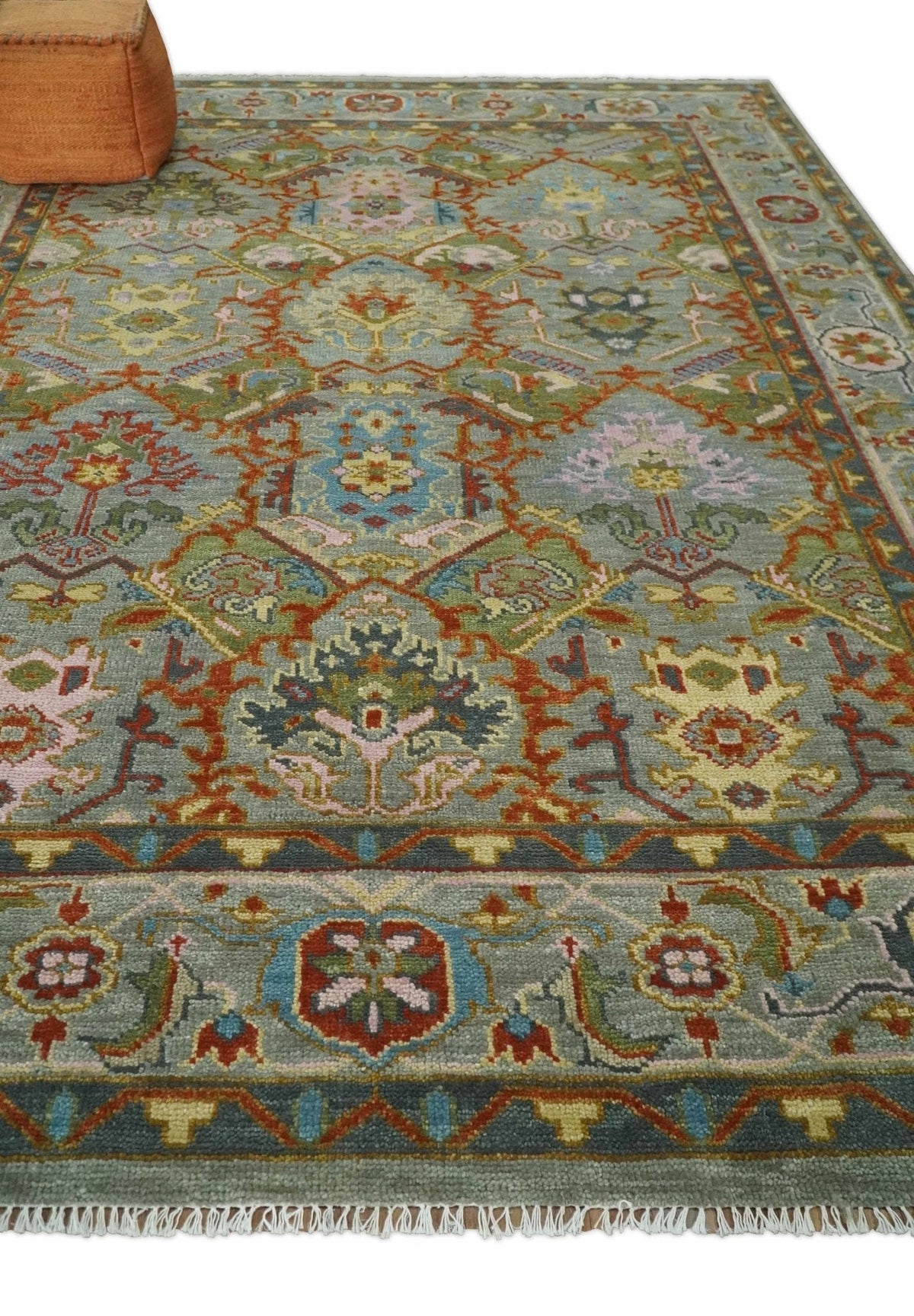 Antique Moss All Wool Traditional Persian Silver, Rust and Green Hand knotted Oushak Area Rug.