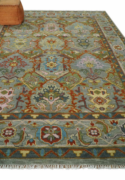 Antique Moss All Wool Traditional Persian Silver, Rust and Green Hand knotted Oushak Area Rug.