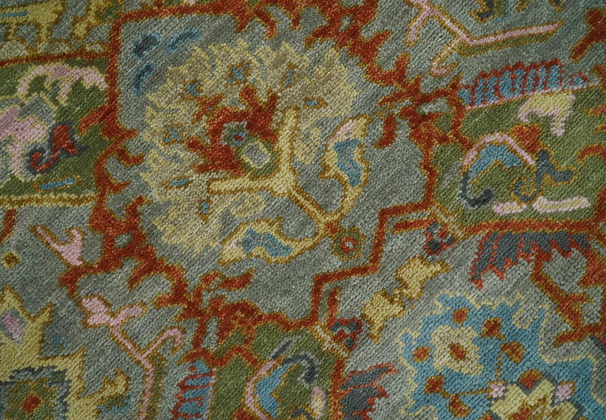 Antique Moss All Wool Traditional Persian Silver, Rust and Green Hand knotted Oushak Area Rug.