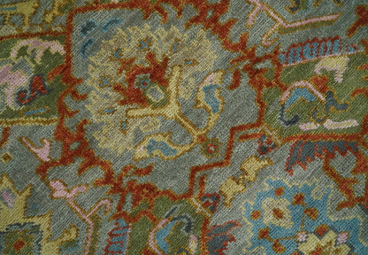 Antique Moss All Wool Traditional Persian Silver, Rust and Green Hand knotted Oushak Area Rug.