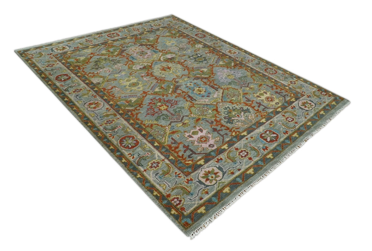Antique Moss All Wool Traditional Persian Silver, Rust and Green Hand knotted Oushak Area Rug.