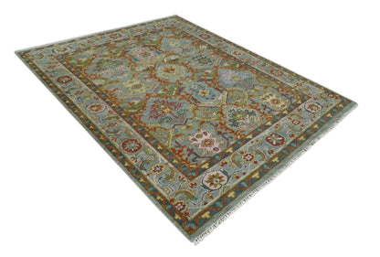 Antique Moss All Wool Traditional Persian Silver, Rust and Green Hand knotted Oushak Area Rug.