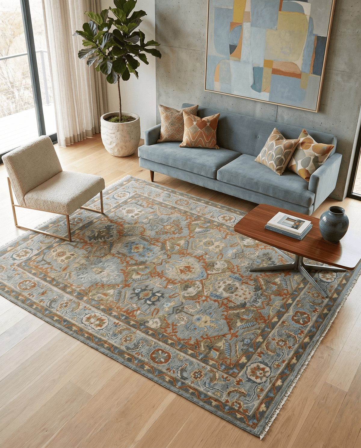 Antique Moss All Wool Traditional Persian Silver, Rust and Green Hand knotted Oushak Area Rug.
