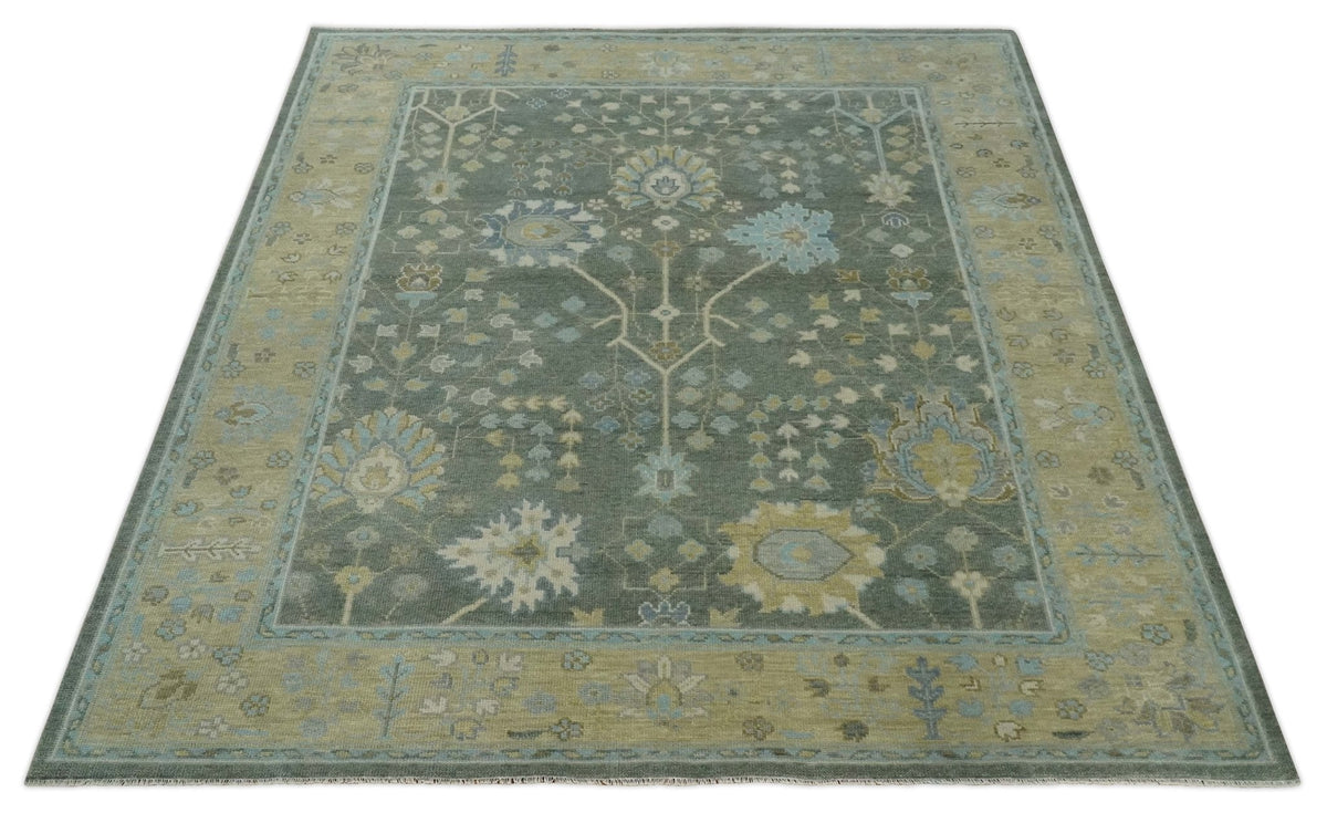Custom Made Antique Style Hand Knotted Gray and Beige Floral Wool Rug.