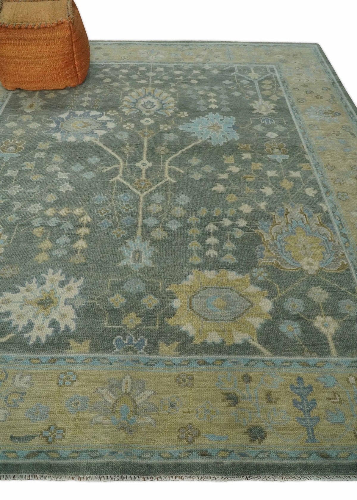 Custom Made Antique Style Hand Knotted Gray and Beige Floral Wool Rug.