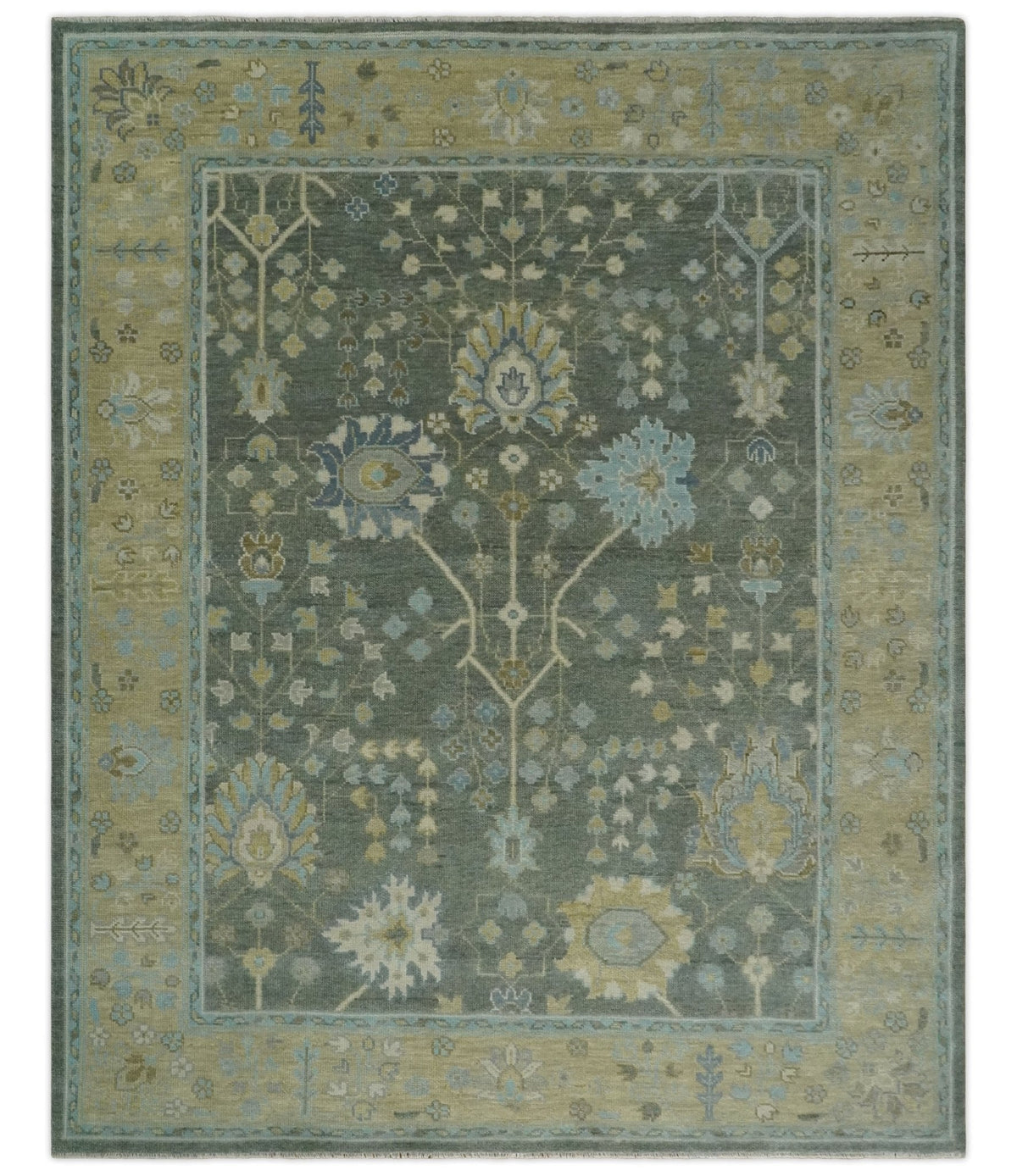 Custom Made Antique Style Hand Knotted Gray and Beige Floral Wool Rug.