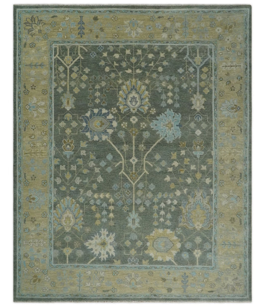 Custom Made Antique Style Hand Knotted Gray and Beige Floral Wool Rug.