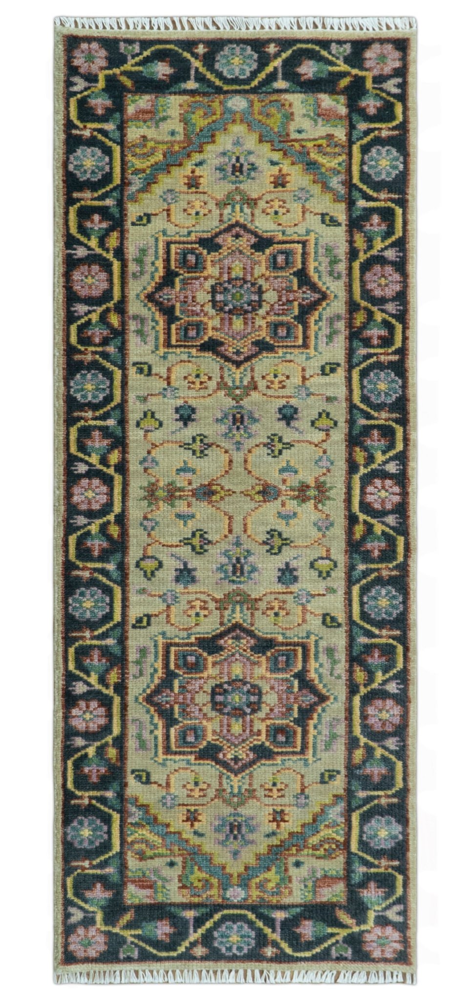 Antique Moss Green and Pink Traditional Multi Size Wool Area Rug.